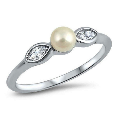Pearl Floral Sterling Silver Ring-CZ Rings,Pearls,Sterling Silver Rings