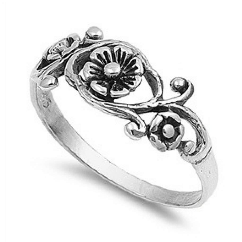 Sterling Silver Flower and Leaves Ring-Flower,Sterling Silver Rings