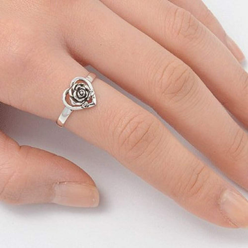 Sterling Silver Heart and Rose Ring-Flower,Heart,Sterling Silver Rings