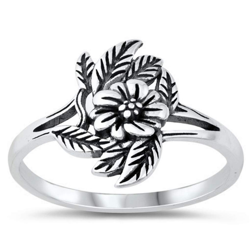 Flower and Leaves Sterling Silver Ring-Flower,Sterling Silver Rings