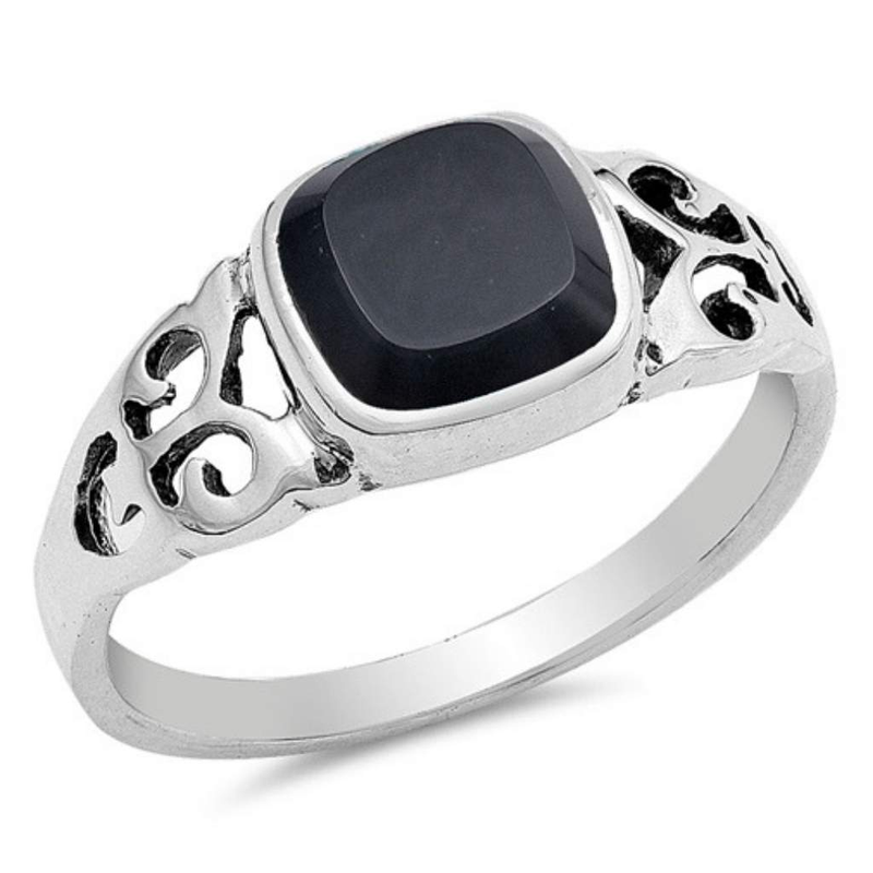 Square Black Onyx Sterling Silver Ring-Black,Black Onyx,Sterling Silver Rings