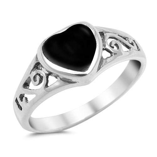 Black Onyx Heart Sterling Silver Ring-Black,Black Onyx,Heart,Sterling Silver Rings