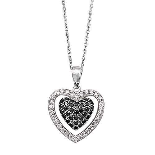 Sterling Silver CZ Black and Clear Heart Necklace-CZ Necklaces,Heart,Sterling Silver Necklaces