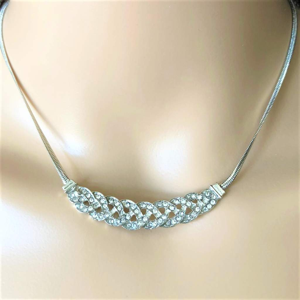 Silver and Crystal Braided Collar Necklace-Silver Necklaces