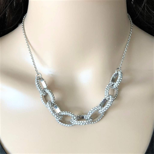 Silver Crystal Pave Chunky Chain Necklace-Silver Necklaces,Statement