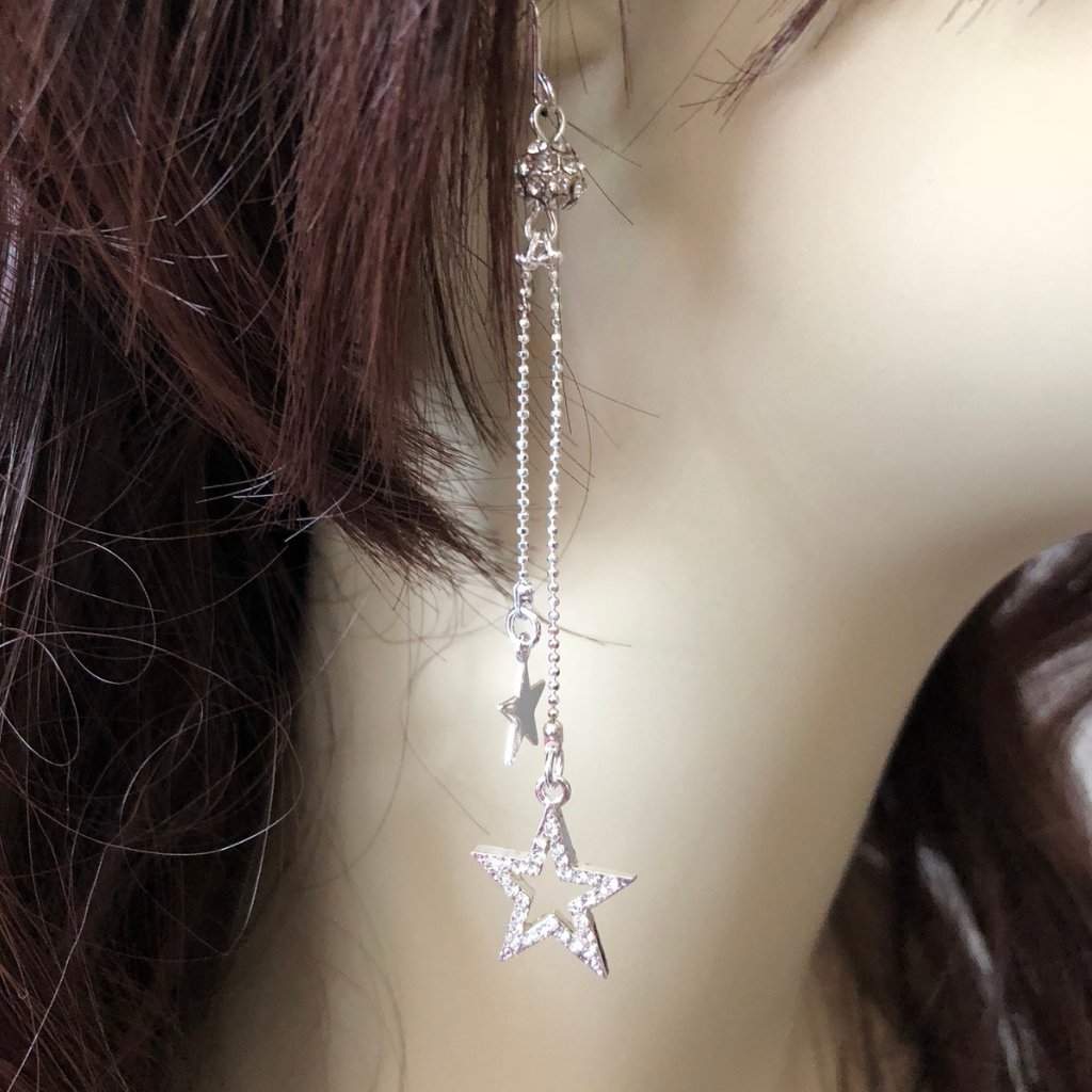Silver Double Crystal Star Long Earrings-Dangle Earrings,Silver Earrings
