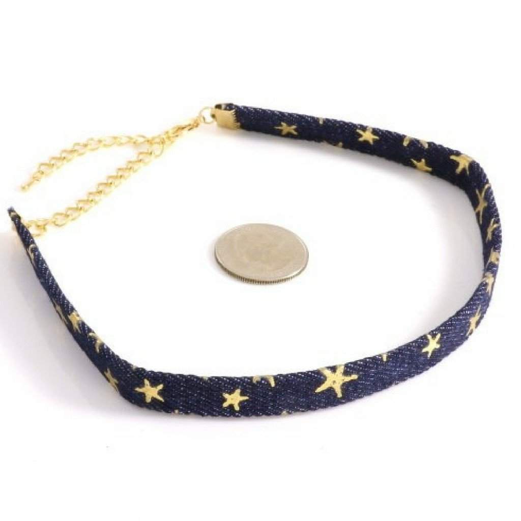 Navy Blue Denim Choker with Gold Stars-Blue,Chokers,Necklaces