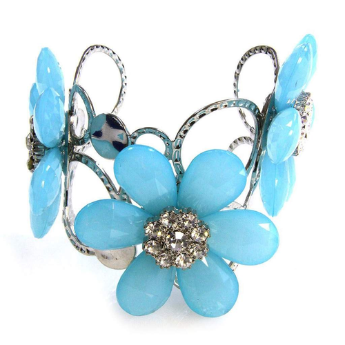 Baby Blue Flower Silver Cuff Bracelet-Cuff Bracelets,Flower,Silver Bracelets