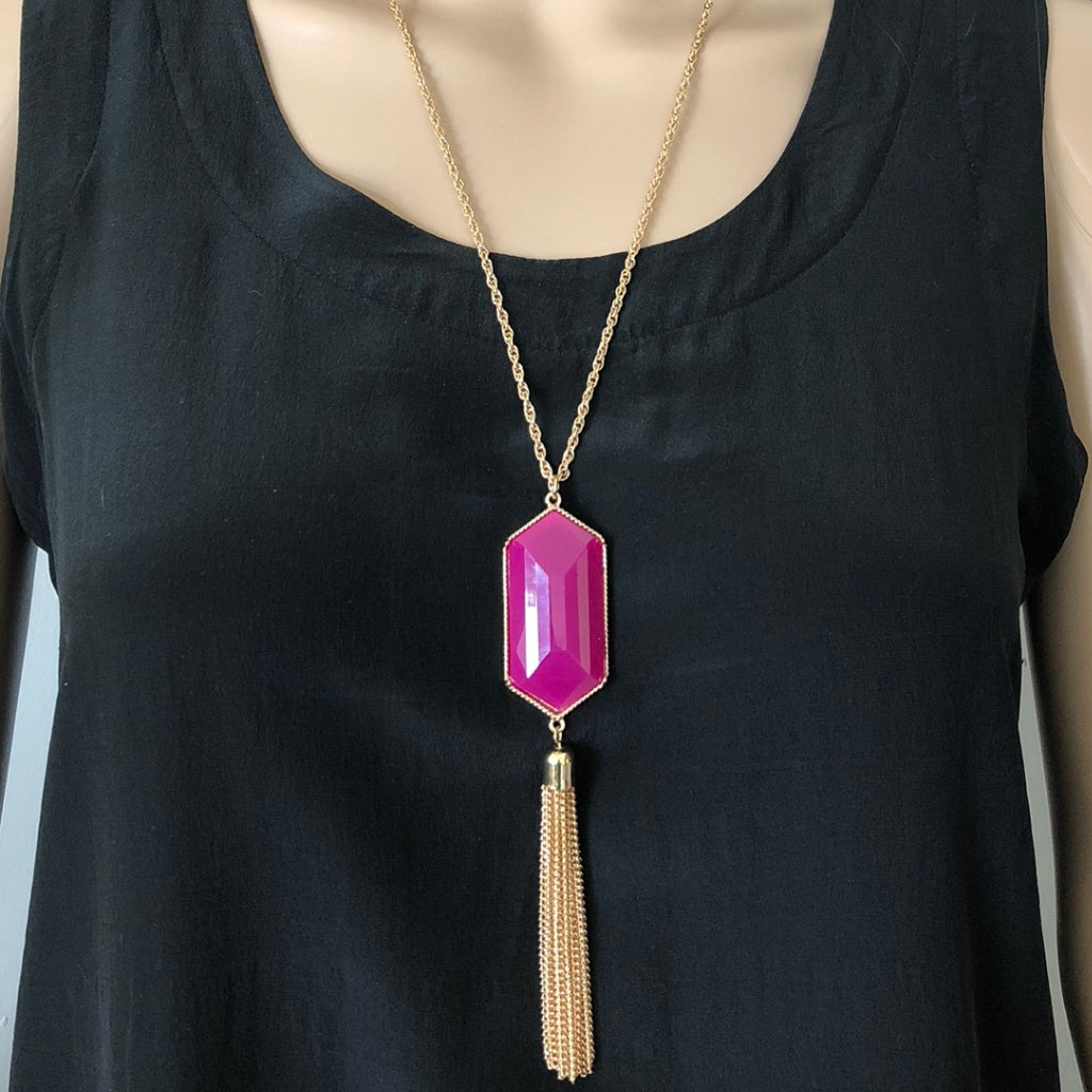 Purple Resin Stone and Gold Tassel Long Necklace