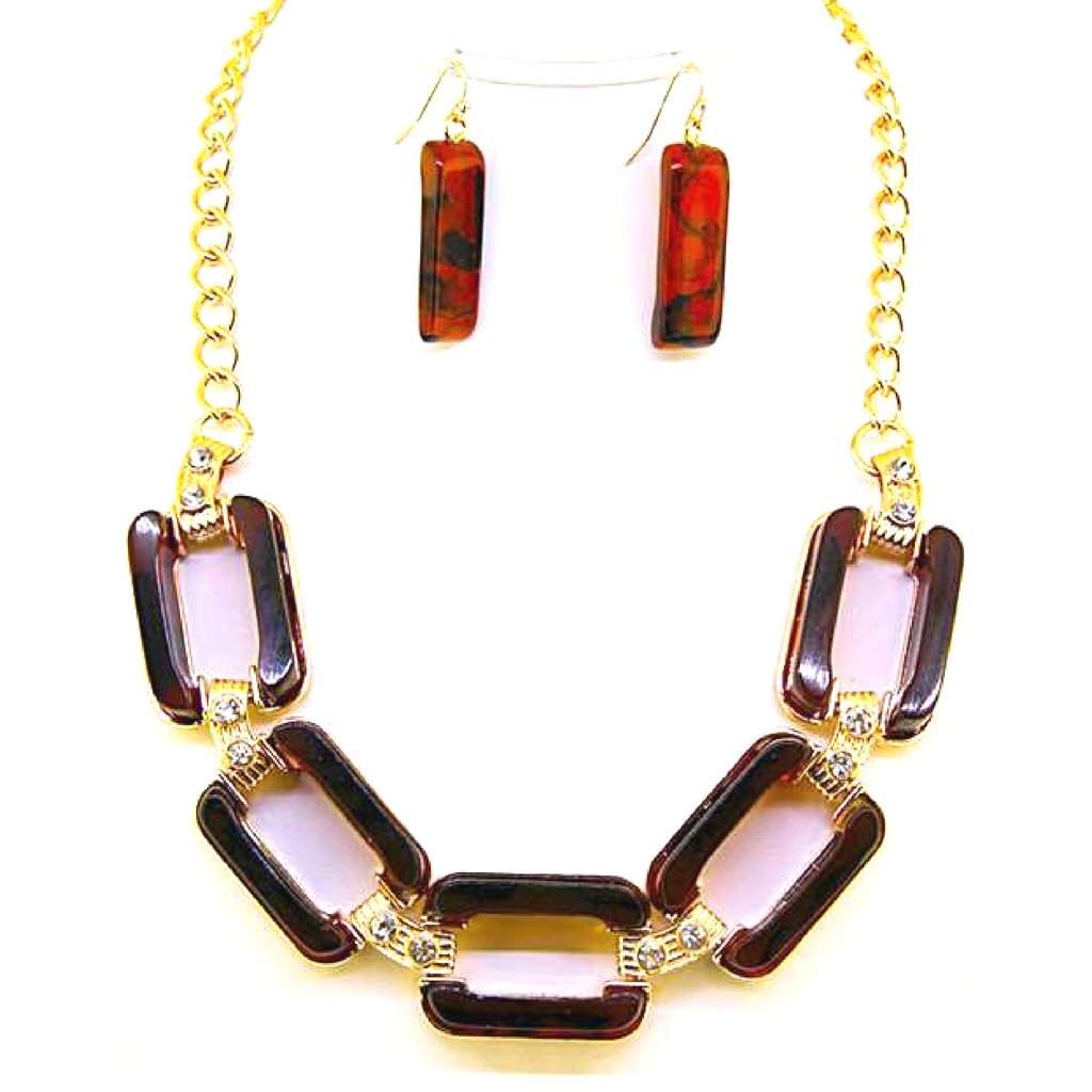 Brown Rectangle Link Statment Necklace-Brown,Gold,Gold Necklaces,Statement