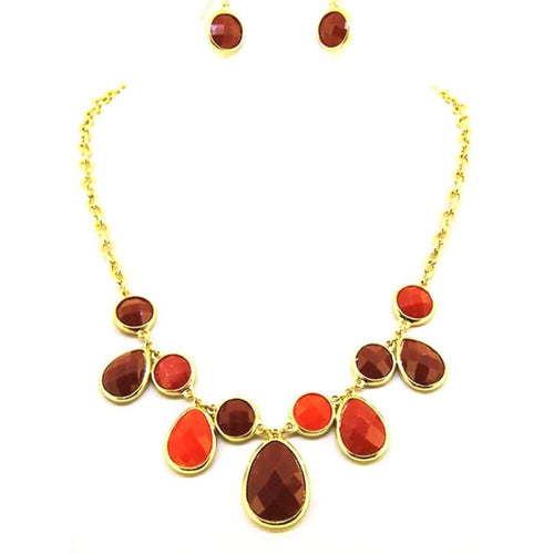 Orange and Deep Red Teardrop Necklace-Gold Necklaces
