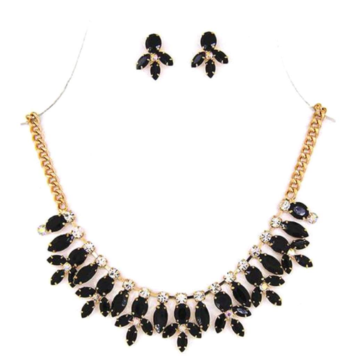 Jet Black Crystal Collar Necklace and Earrings-Black,Gold Necklaces