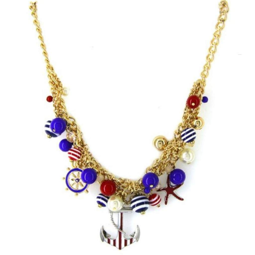 Nautical Red White and Blue Charm Necklace-Blue,Gold Necklaces,Red