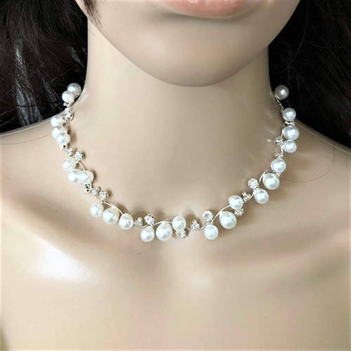 Pearl and Rhinestone Silver Chain Necklace and Earrings Set-Pearls,White