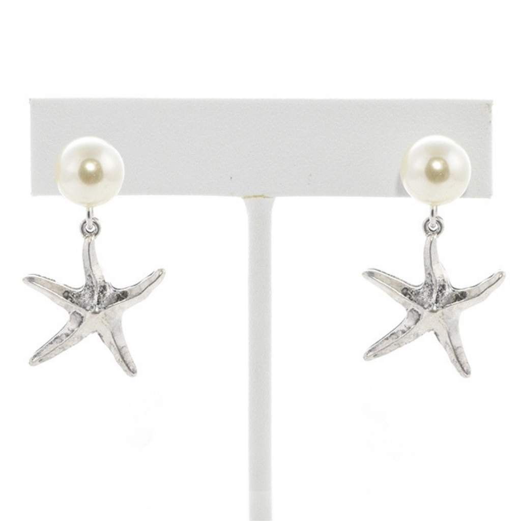 Silver Starfish and Pearl Stud Earrings-Dangle Earrings,Earrings,Silver Earrings