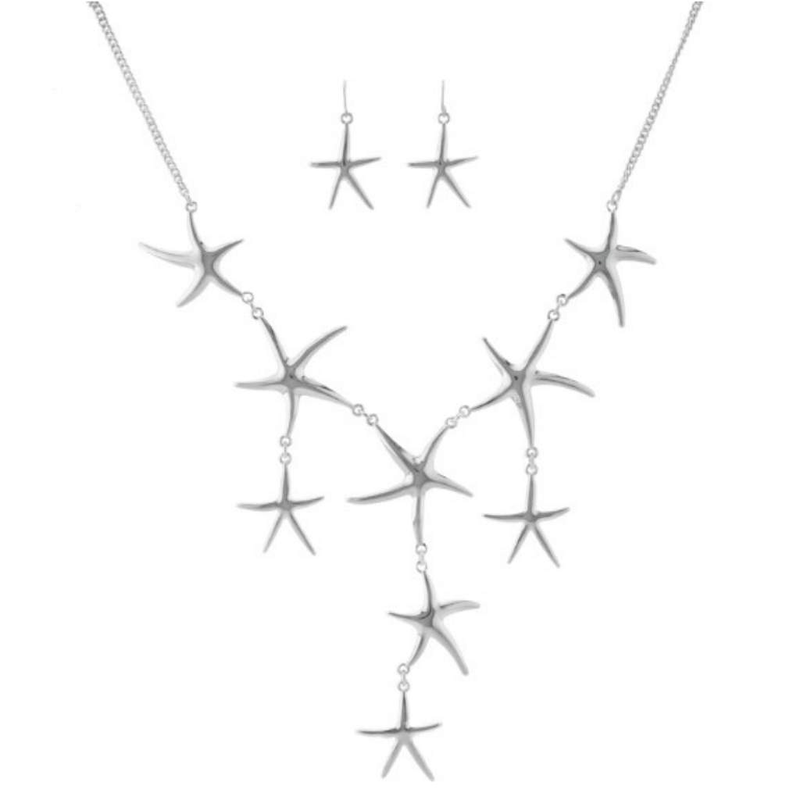 Silver Starfish Statement Necklace and Earrings-Silver Necklaces,Statement