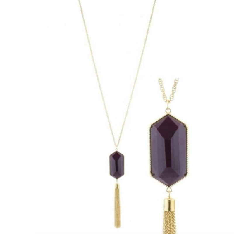 Brown Resin Stone and Gold Tassel Long Necklace-Brown,Gold Necklaces,Long Necklaces,Tassel Necklaces