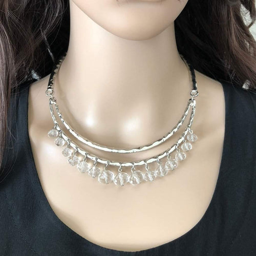 Silver Metal Collar Necklace with Clear Crystal Beads-Silver Necklaces