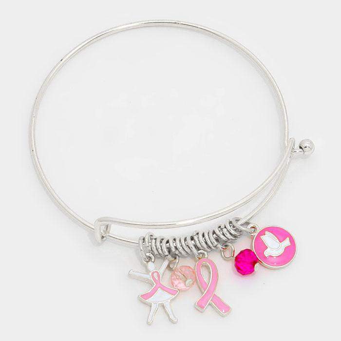 Pink Ribbon Breast Cancer Silver Bangle Bracelet-Bangle Bracelets,Charms,Silver Bracelets