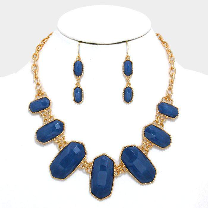 Blue Stone Faceted Statement Necklace-Beaded Necklaces, Blue, Gold Necklaces.