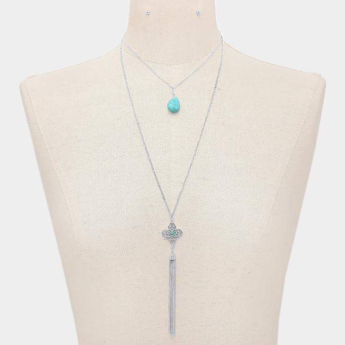 Turquoise and Silver Layered Pendant Necklace-Layered Necklaces,Long Necklaces,Silver Necklaces,Tassel Necklaces