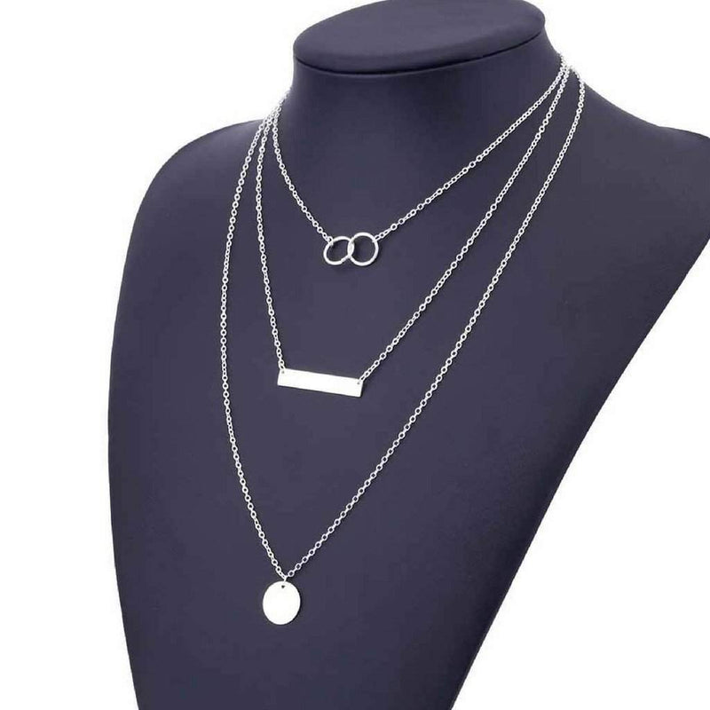 Silver Layered Disc, Bar, and Double Ring Chain Necklace-Chains,Layered Necklaces,Silver Necklaces