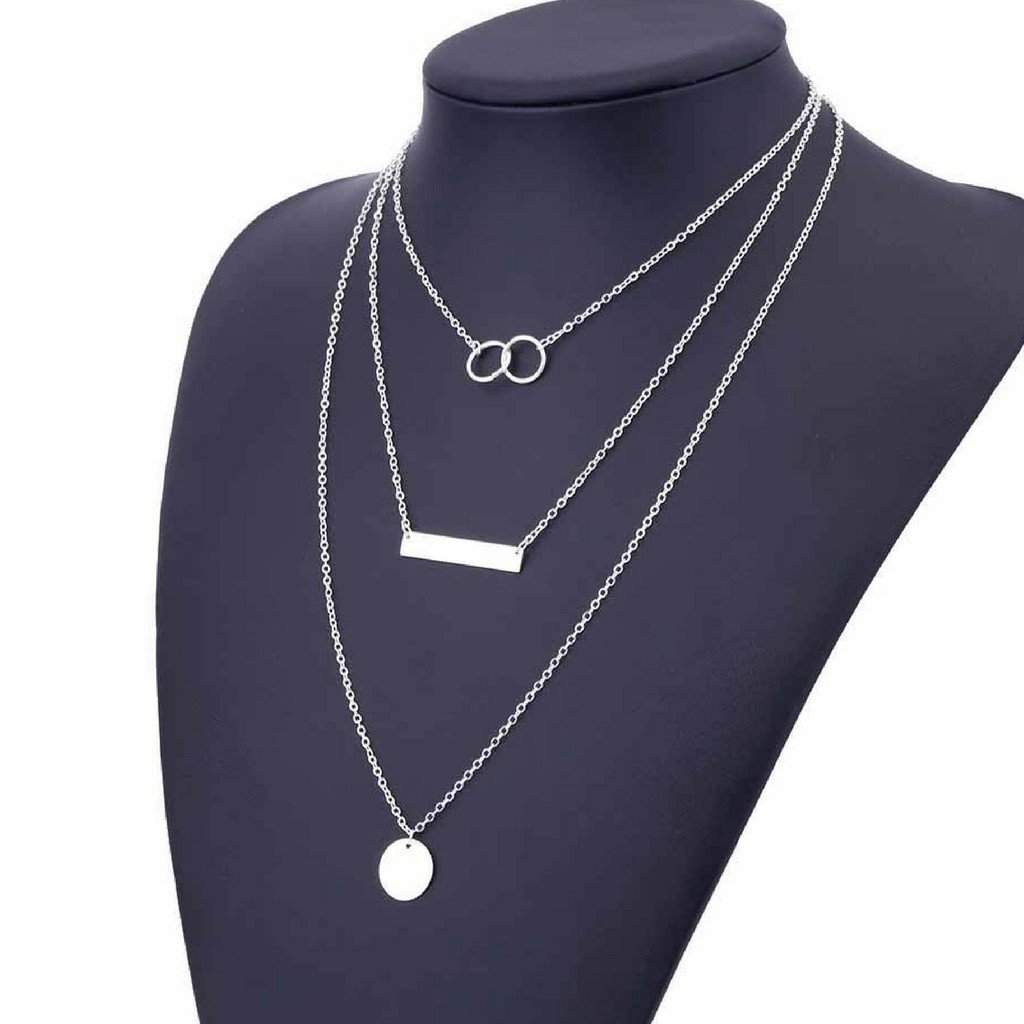 Buy Silver Layered Disc Bar and Double Ring Chain Necklace | JaeBee