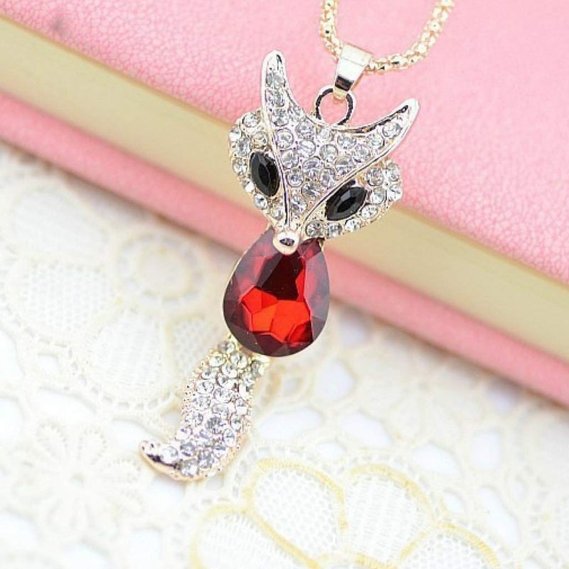 Red Crystal Fox Pendant Necklace-Gold Necklaces