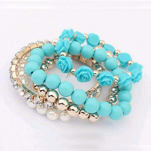 Turquoise Multi Layered Bead and Flower Bracelet Set-Beaded Bracelets,Blue