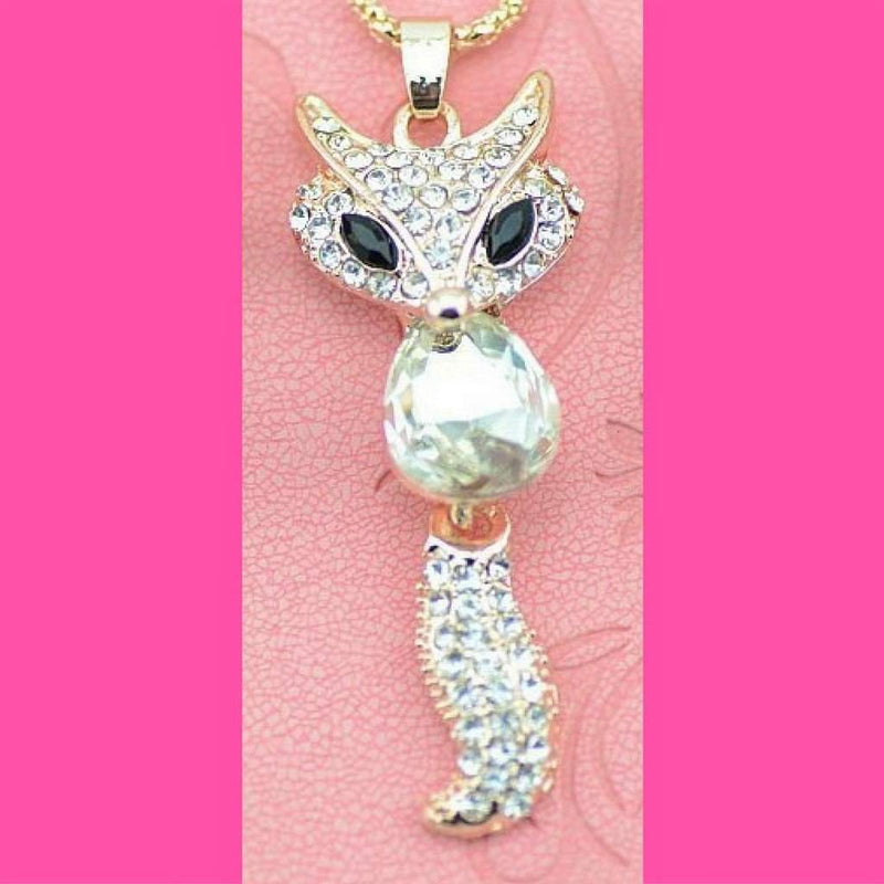 Clear Crystal Fox Pendant Necklace-Gold Necklaces,Long Necklaces