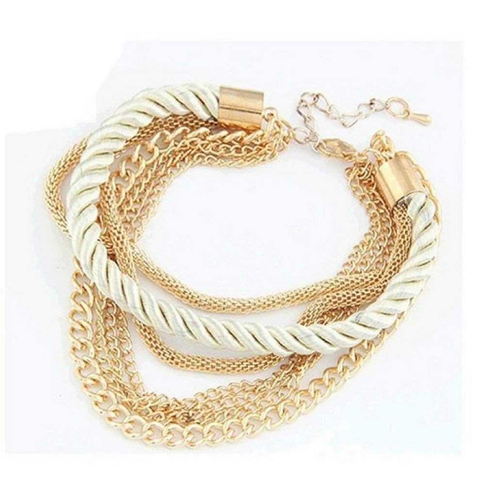 Multi Gold Chain Layered Pearl White Bracelet-Gold Bracelets