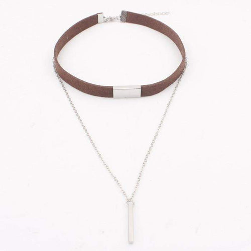 Brown Suede and Silver Chain Layered Choker-Brown,Chokers,Layered Necklaces,Silver Necklaces