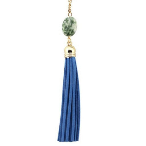 Blue Natural Stone and Tassel Long Gold Necklace-Blue,Long Necklaces,Tassel Necklaces