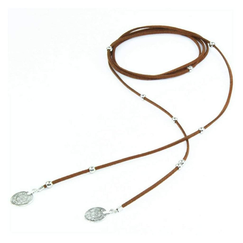 Brown Suede Wrap Choker with Silver Beads and Silver Coins-Chokers