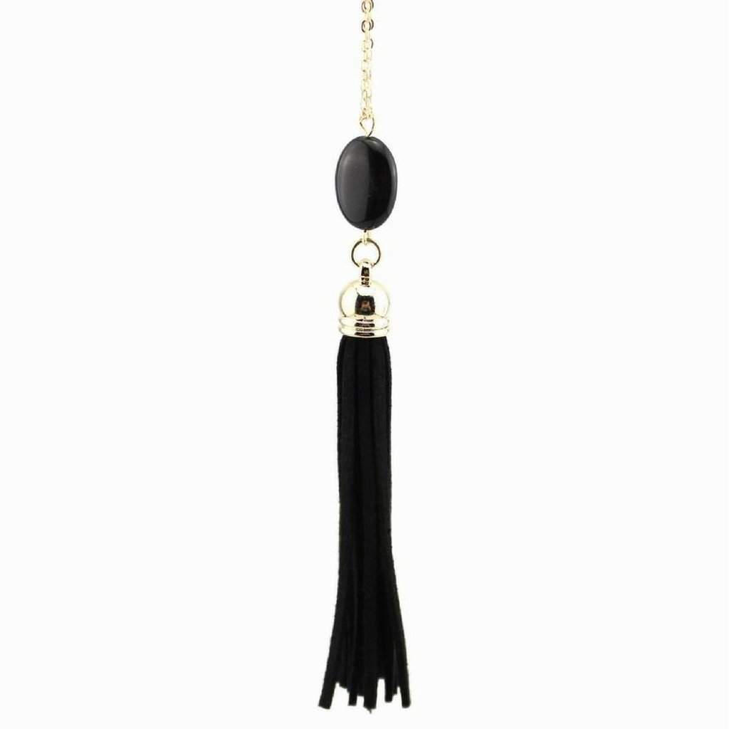 Black Natural Stone and Tassel Long Necklace-Gold Necklaces,Long Necklaces,Tassel Necklaces
