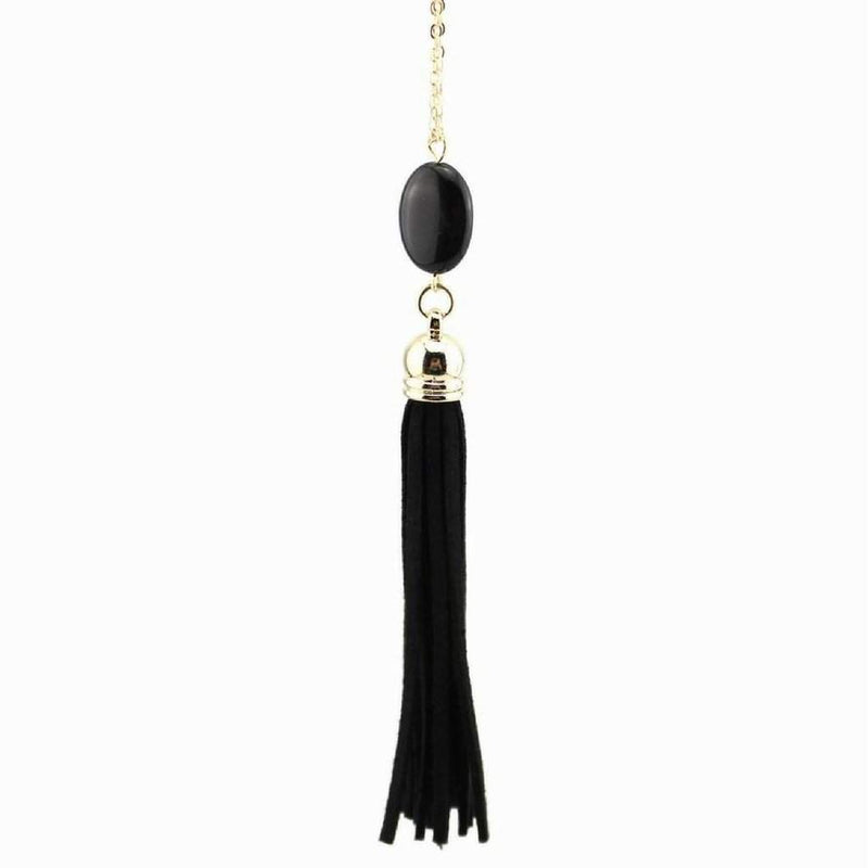 Black Stone and Tassel Long Silver Chain Necklace.