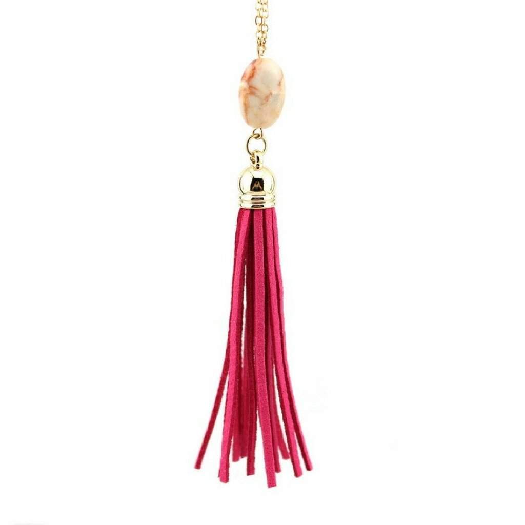 Pink Natural Stone and Tassel Long Necklace-Gold Necklaces,Long Necklaces,Tassel Necklaces