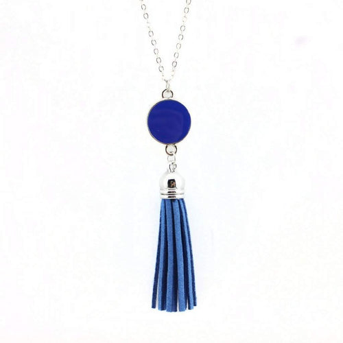 Blue Enameled Disc and Tassel Long Necklace-Long Necklaces,Silver Necklaces,Tassel Necklaces