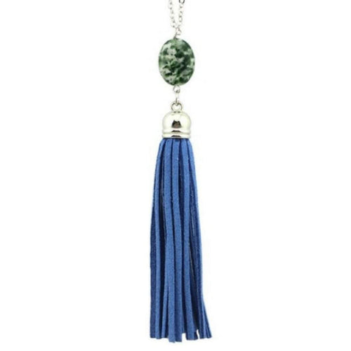 Blue Natural Stone and Tassel Silver Long Necklace-Long Necklaces,Silver Necklaces,Tassel Necklaces